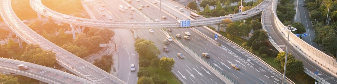Cars driving on a complicated highway infrastructure with over and under passes